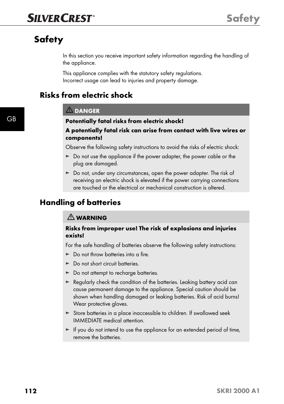 Safety, Risks from electric shock, Handling of batteries | Silvercrest SKRI 2000 A1 User Manual | Page 115 / 147