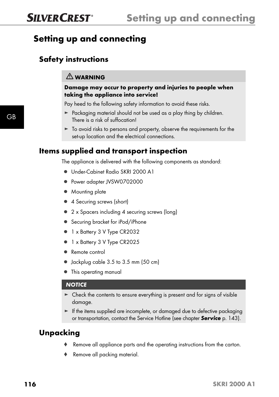 Setting up and connecting, Safety instructions, Items supplied and transport inspection | Unpacking | Silvercrest SKRI 2000 A1 User Manual | Page 119 / 147