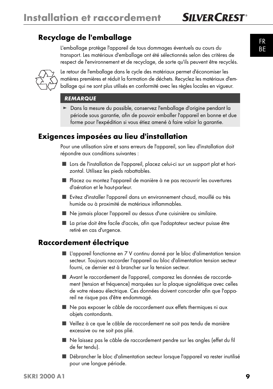 Installation et raccordement, Recyclage de l'emballage, Exigences imposées au lieu d'installation | Raccordement électrique, Fr be | Silvercrest SKRI 2000 A1 User Manual | Page 12 / 147