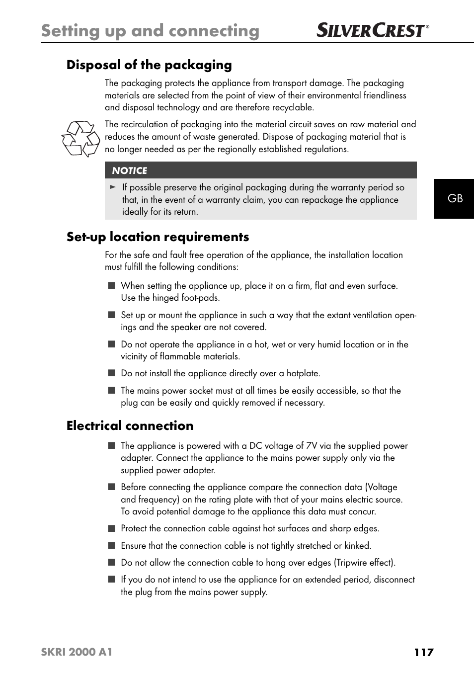 Setting up and connecting, Disposal of the packaging, Set-up location requirements | Electrical connection | Silvercrest SKRI 2000 A1 User Manual | Page 120 / 147