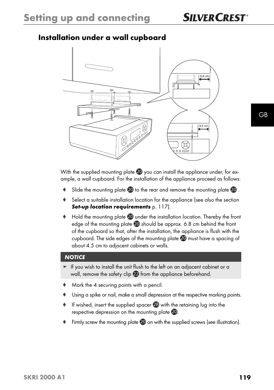 Setting up and connecting, Installation under a wall cupboard | Silvercrest SKRI 2000 A1 User Manual | Page 122 / 147