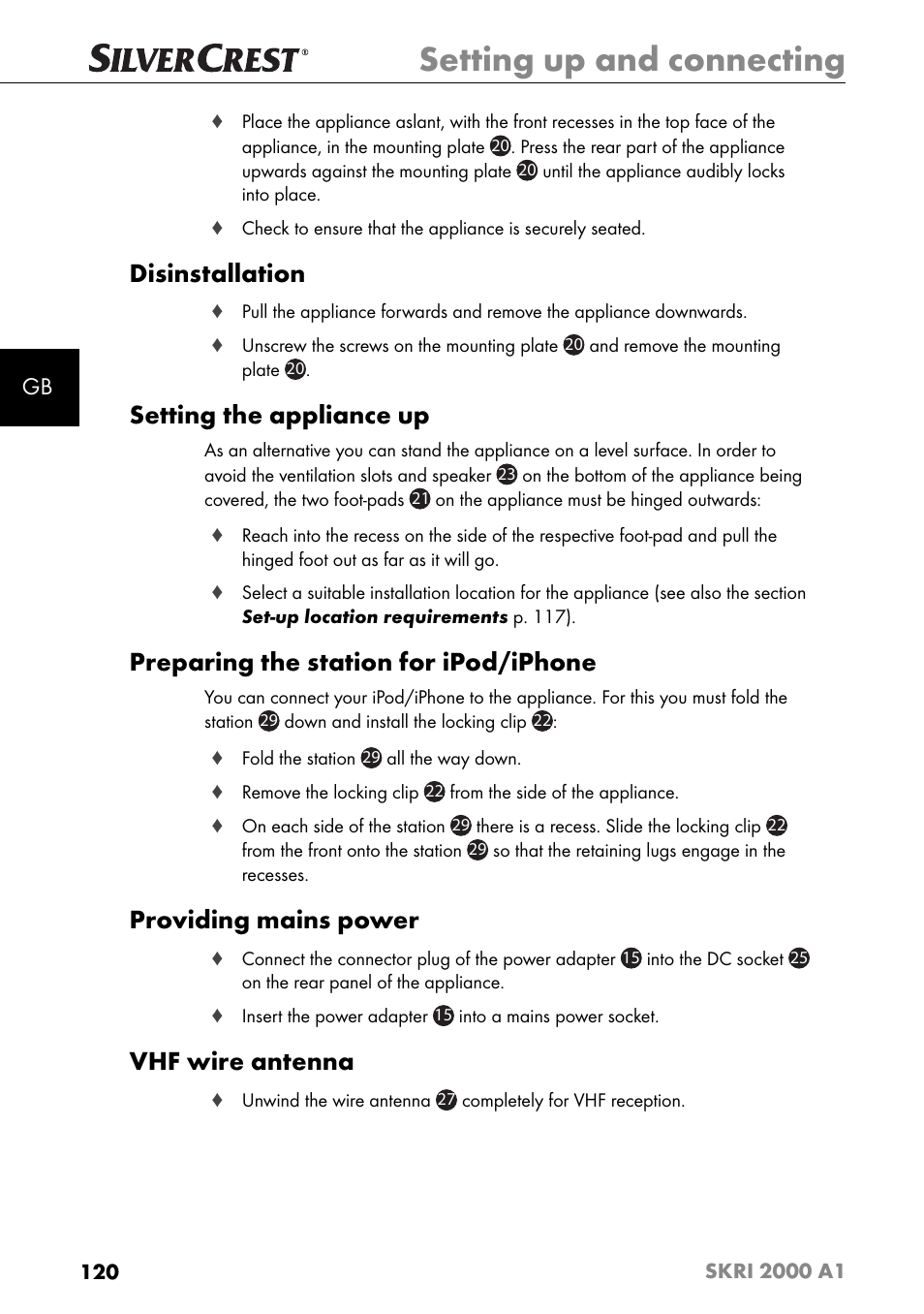 Setting up and connecting, Disinstallation, Setting the appliance up | Preparing the station for ipod/iphone, Providing mains power, Vhf wire antenna | Silvercrest SKRI 2000 A1 User Manual | Page 123 / 147