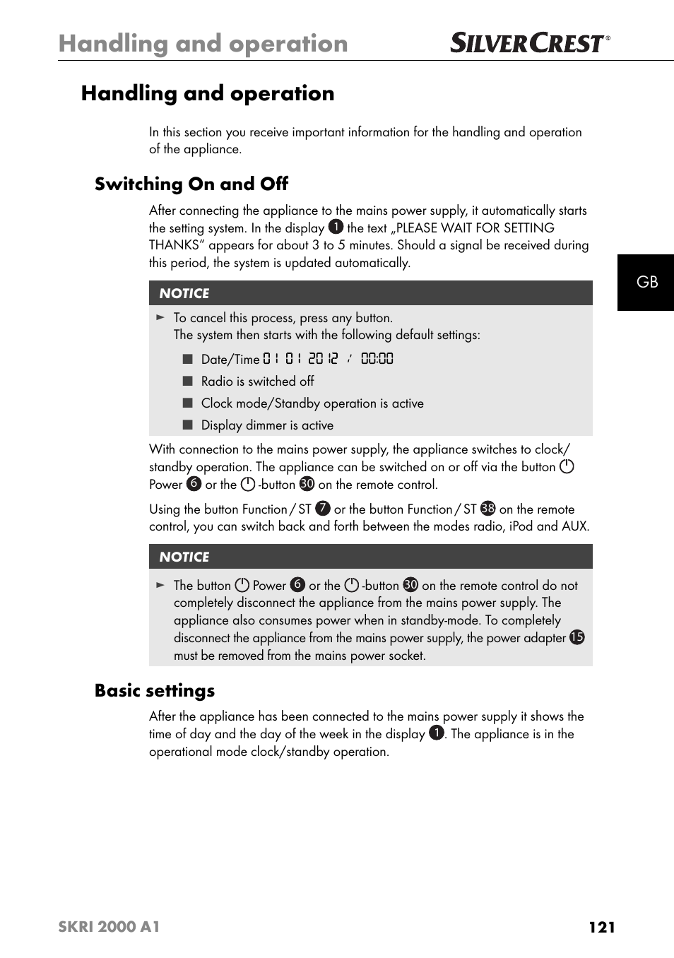 Handling and operation, Switching on and oﬀ, Basic settings | Silvercrest SKRI 2000 A1 User Manual | Page 124 / 147