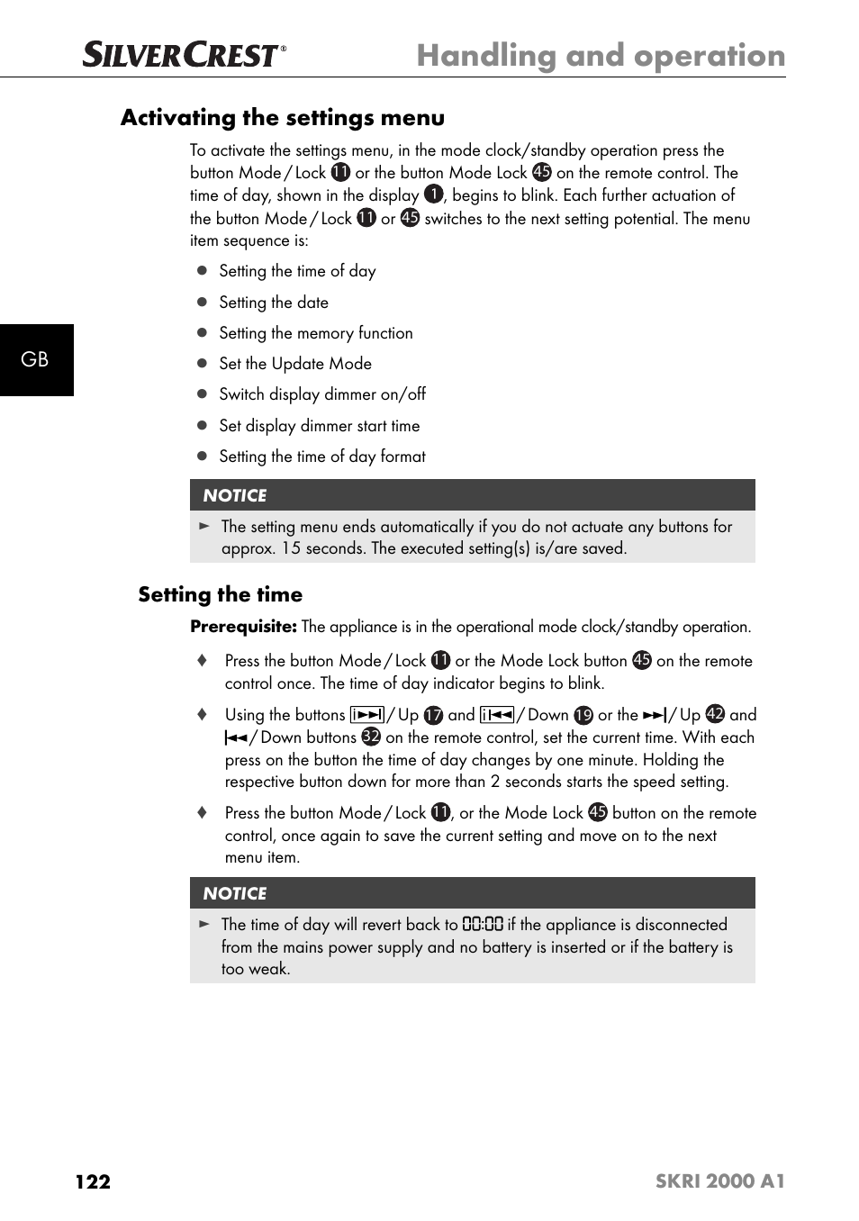 Handling and operation, Activating the settings menu, Setting the time | Silvercrest SKRI 2000 A1 User Manual | Page 125 / 147