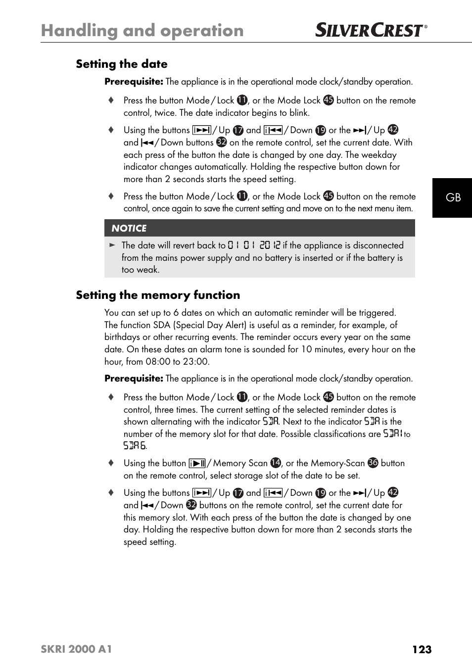 Handling and operation, Gb setting the date | Silvercrest SKRI 2000 A1 User Manual | Page 126 / 147