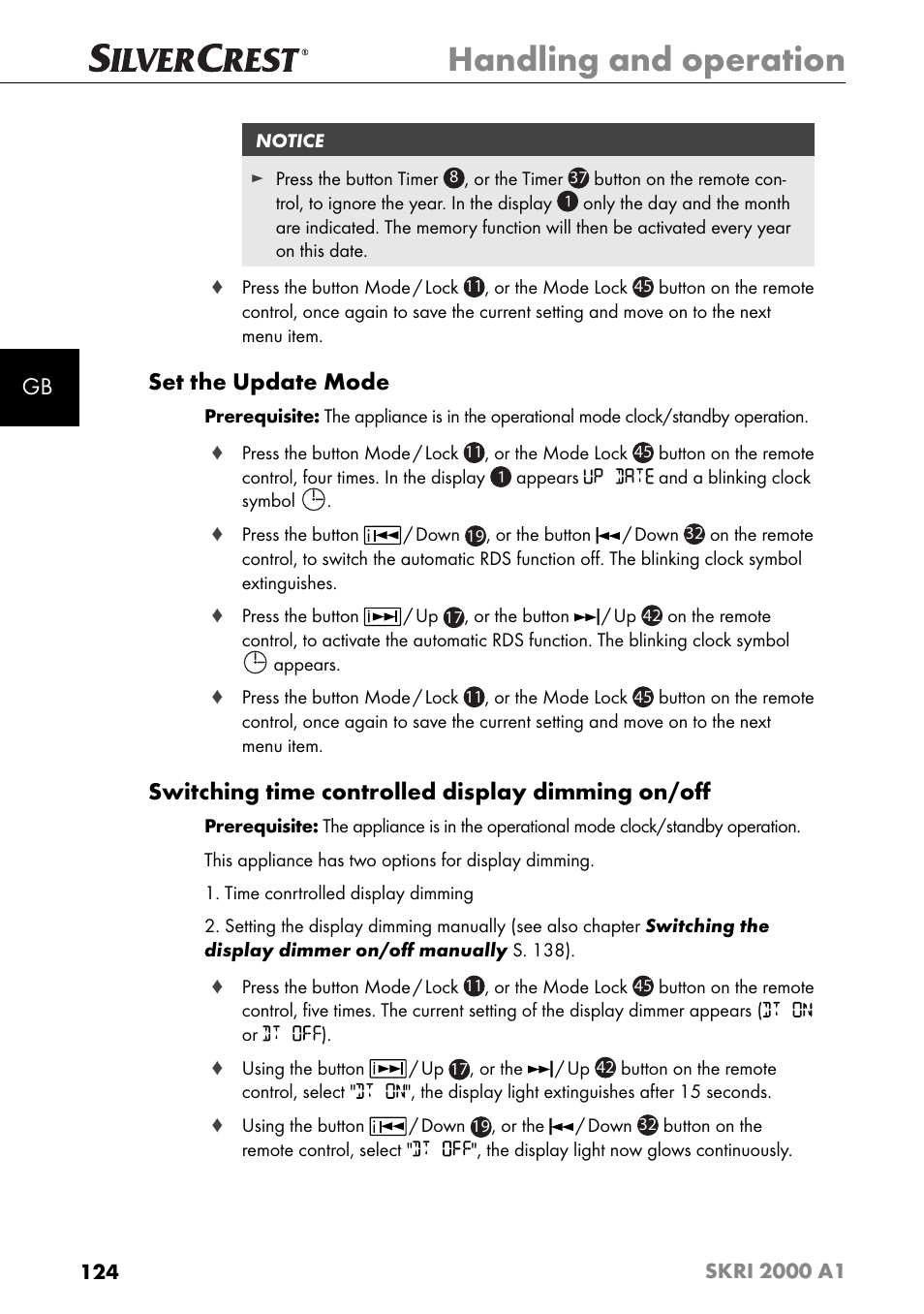 Handling and operation, Set the update mode, Switching time controlled display dimming on/oﬀ | Silvercrest SKRI 2000 A1 User Manual | Page 127 / 147