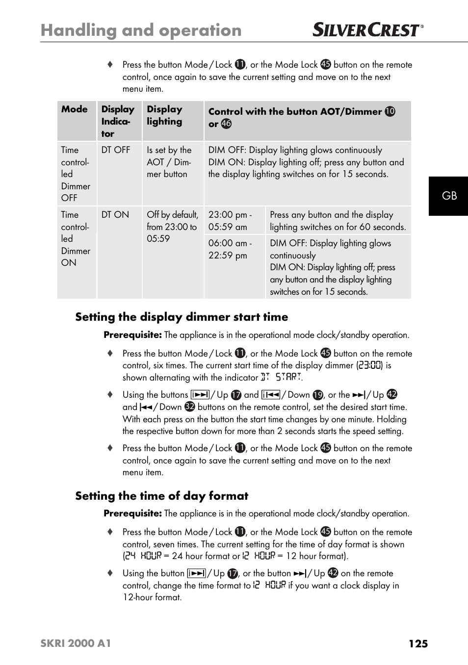 Handling and operation, Setting the display dimmer start time, Setting the time of day format | Silvercrest SKRI 2000 A1 User Manual | Page 128 / 147