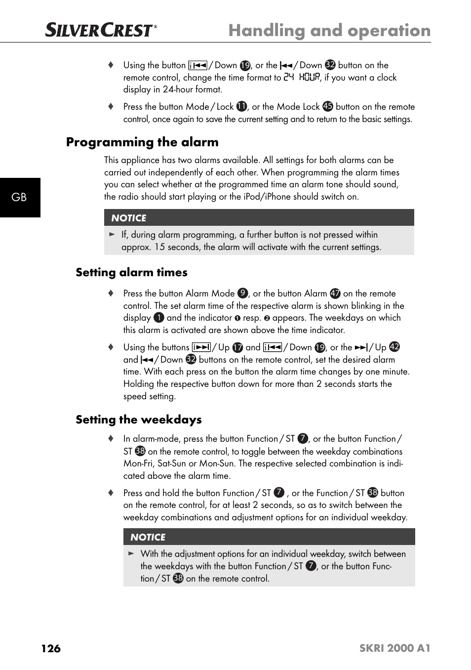 Handling and operation, Programming the alarm, Setting alarm times | Setting the weekdays | Silvercrest SKRI 2000 A1 User Manual | Page 129 / 147