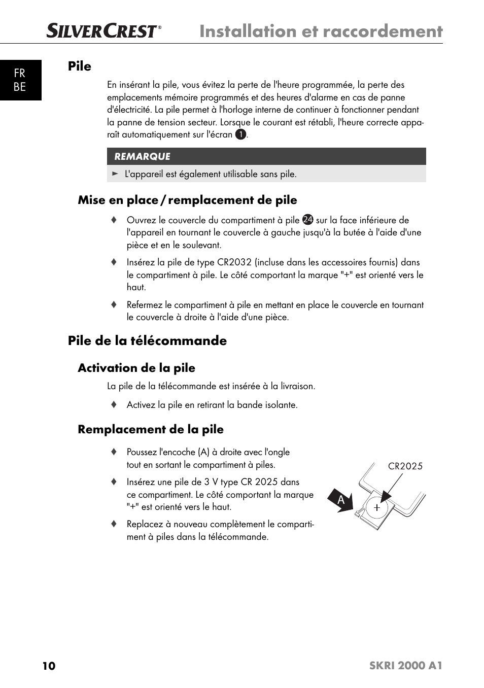 Installation et raccordement, Pile, Pile de la télécommande | Fr be, Mise en place / remplacement de pile, Activation de la pile, Remplacement de la pile | Silvercrest SKRI 2000 A1 User Manual | Page 13 / 147