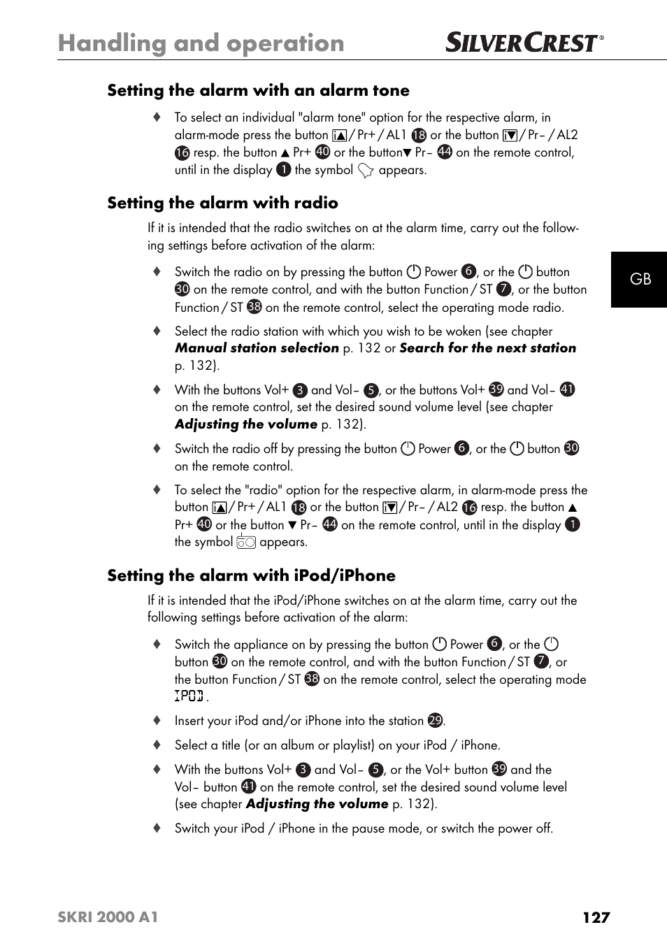 Handling and operation, Gb setting the alarm with an alarm tone, Setting the alarm with radio | Setting the alarm with ipod/iphone | Silvercrest SKRI 2000 A1 User Manual | Page 130 / 147