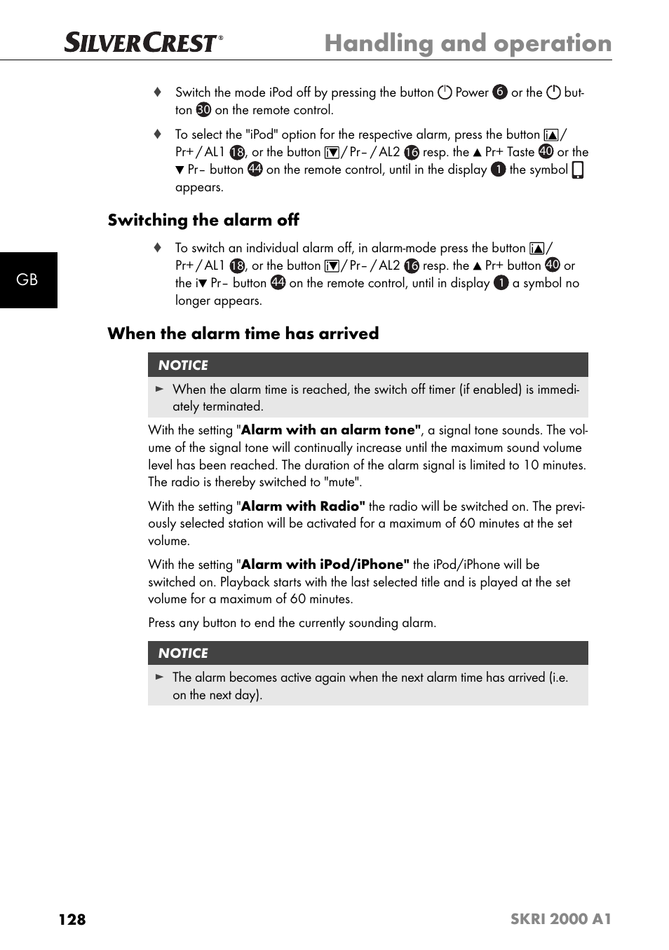 Handling and operation, Switching the alarm oﬀ, When the alarm time has arrived | Silvercrest SKRI 2000 A1 User Manual | Page 131 / 147