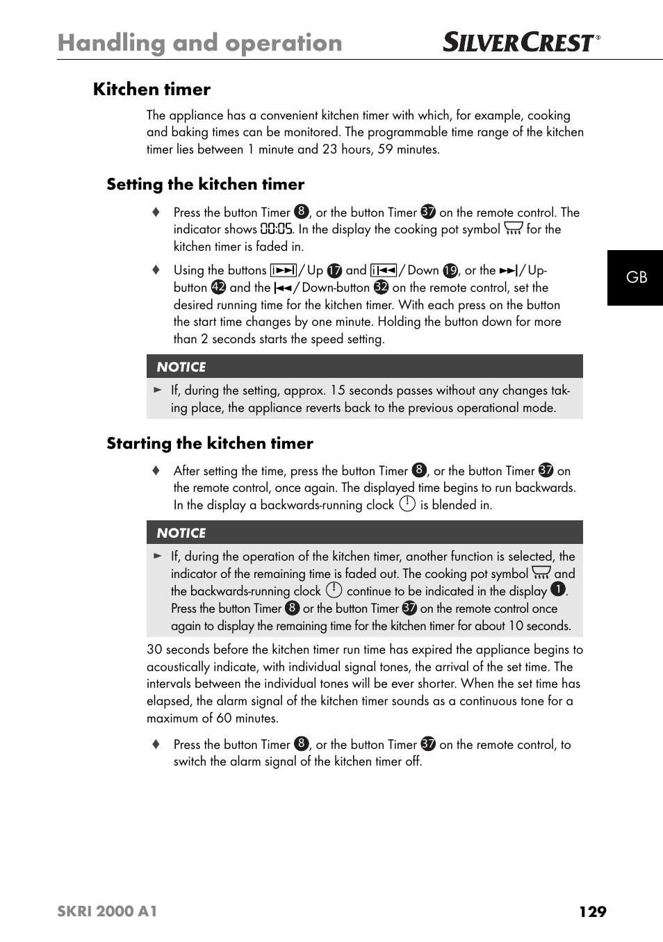 Handling and operation, Kitchen timer, Setting the kitchen timer | Starting the kitchen timer | Silvercrest SKRI 2000 A1 User Manual | Page 132 / 147