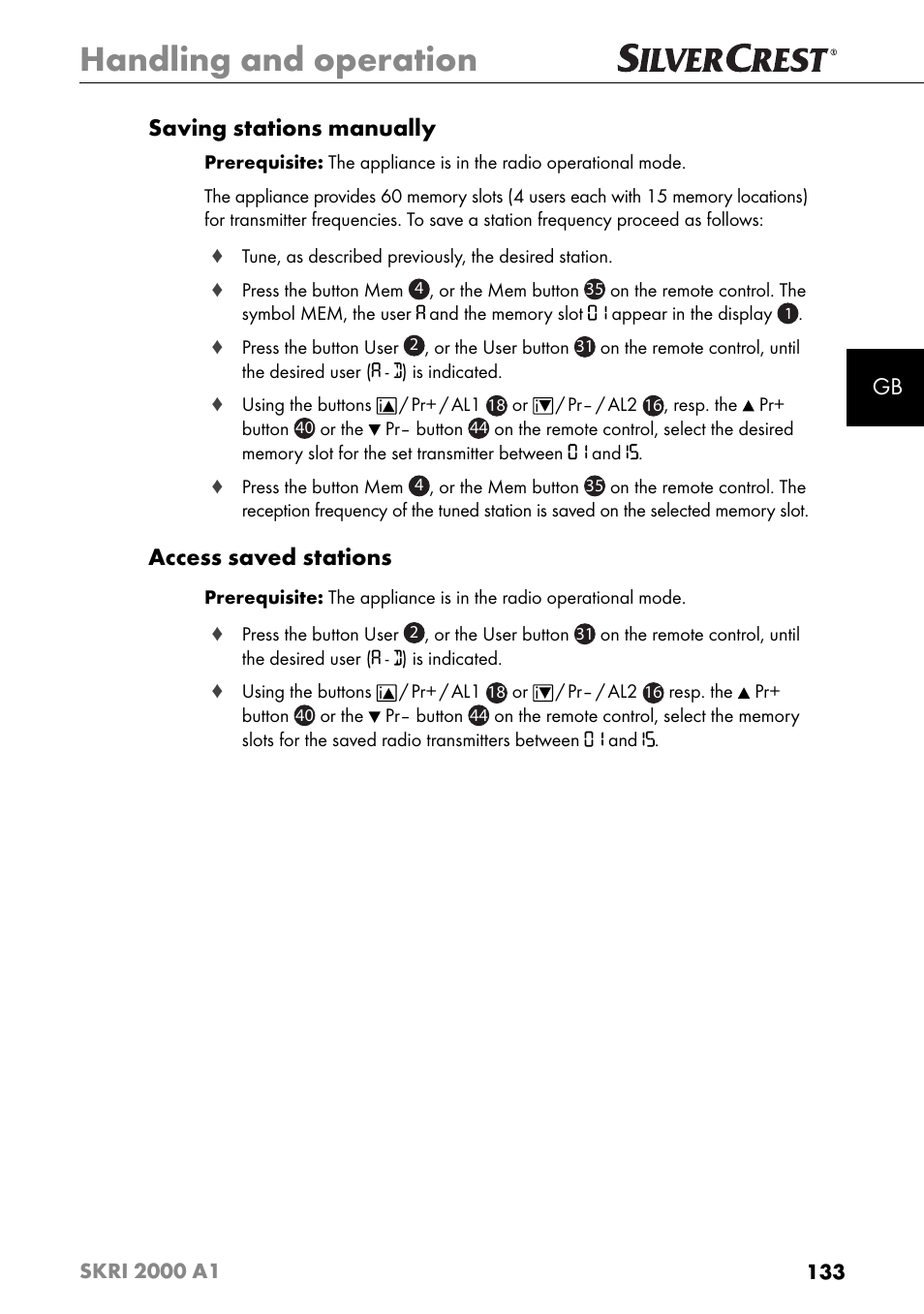 Handling and operation, Gb saving stations manually, Access saved stations | Silvercrest SKRI 2000 A1 User Manual | Page 136 / 147