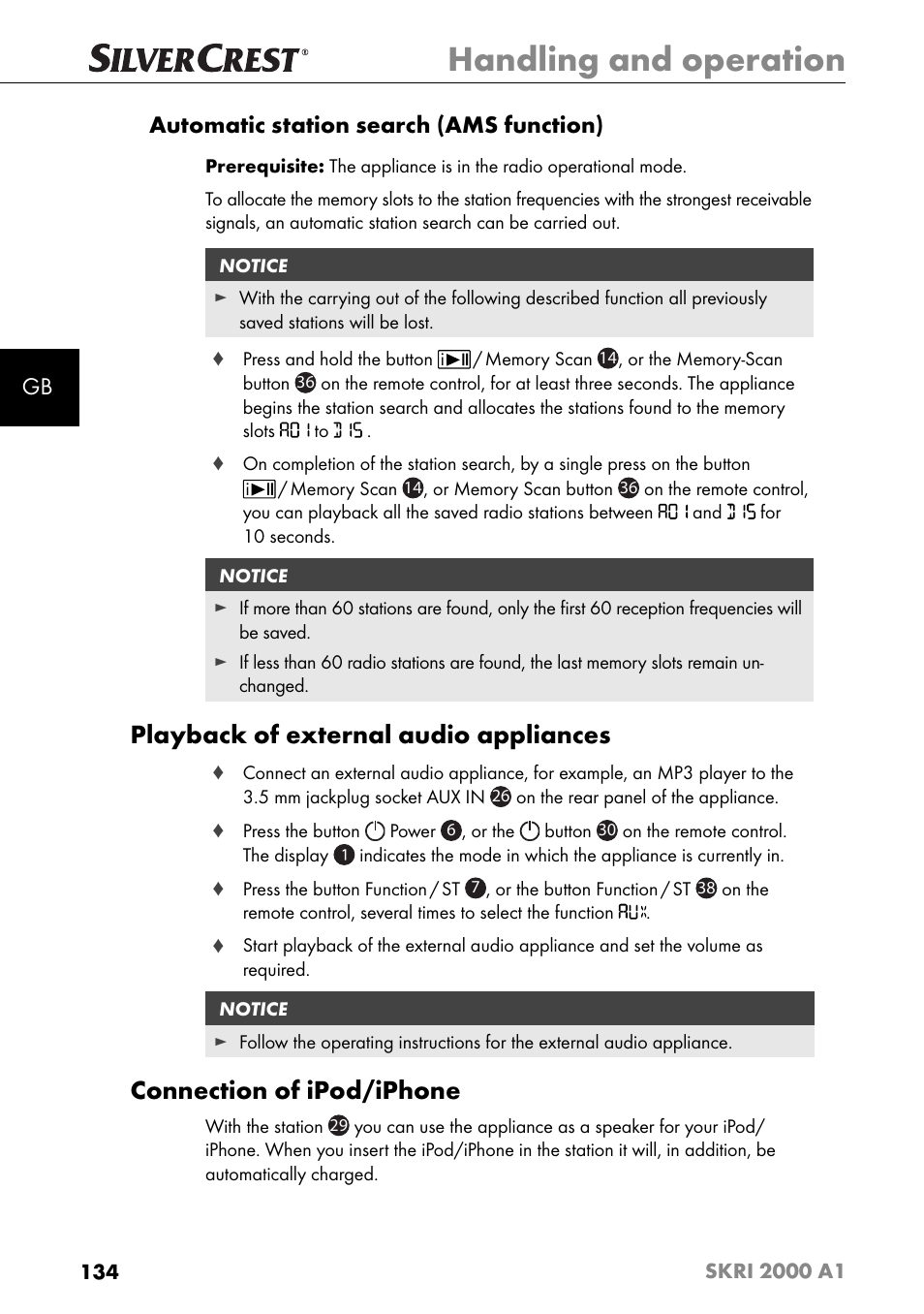 Handling and operation, Playback of external audio appliances, Connection of ipod/iphone | Gb automatic station search (ams function) | Silvercrest SKRI 2000 A1 User Manual | Page 137 / 147