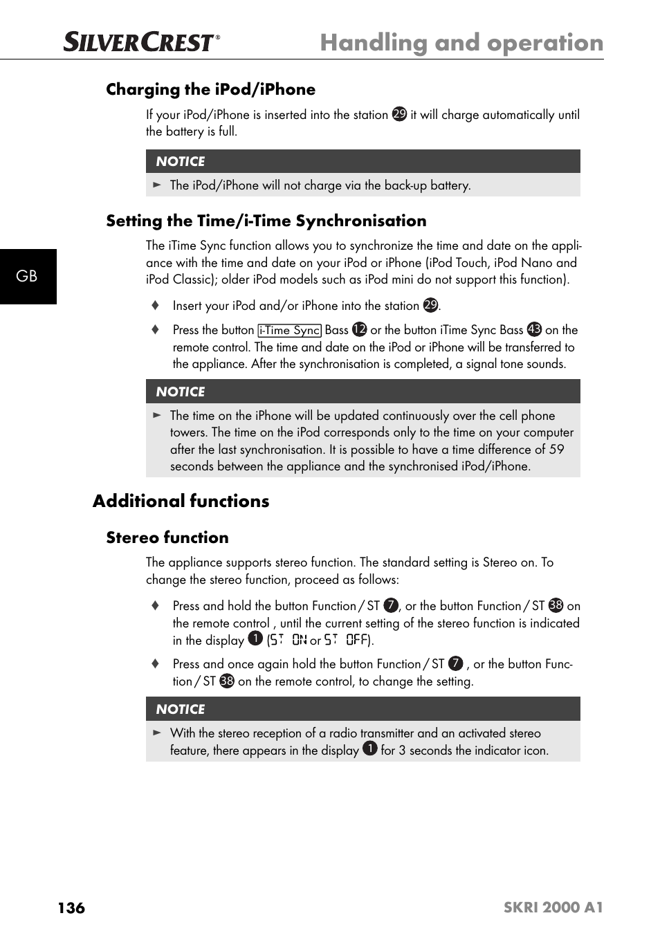 Handling and operation, Additional functions, Gb charging the ipod/iphone | Setting the time/i-time synchronisation, Stereo function | Silvercrest SKRI 2000 A1 User Manual | Page 139 / 147