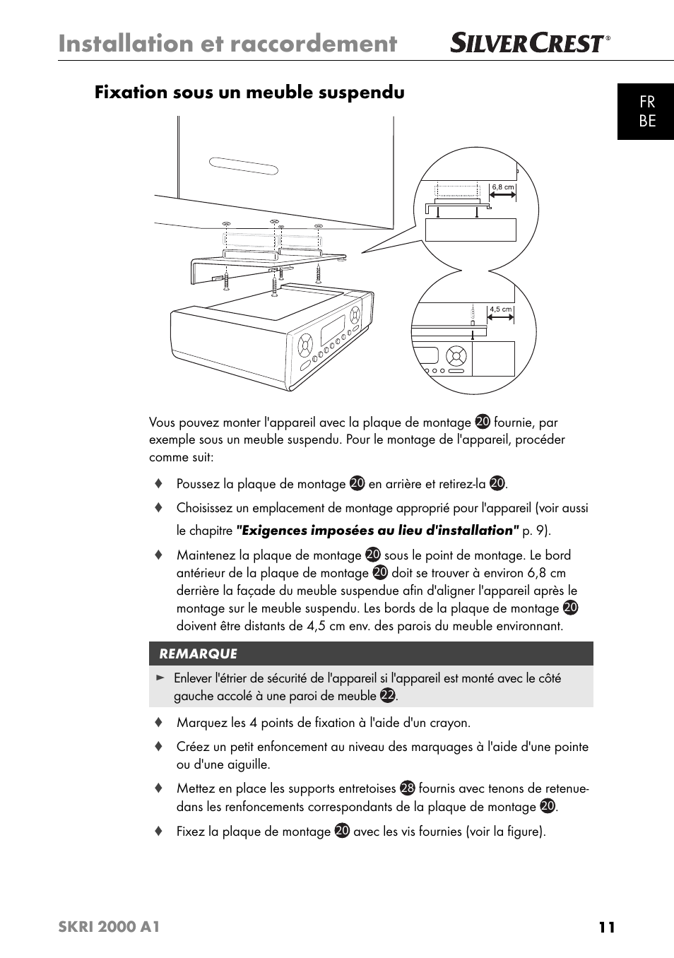 Installation et raccordement, Fixation sous un meuble suspendu, Fr be | Silvercrest SKRI 2000 A1 User Manual | Page 14 / 147