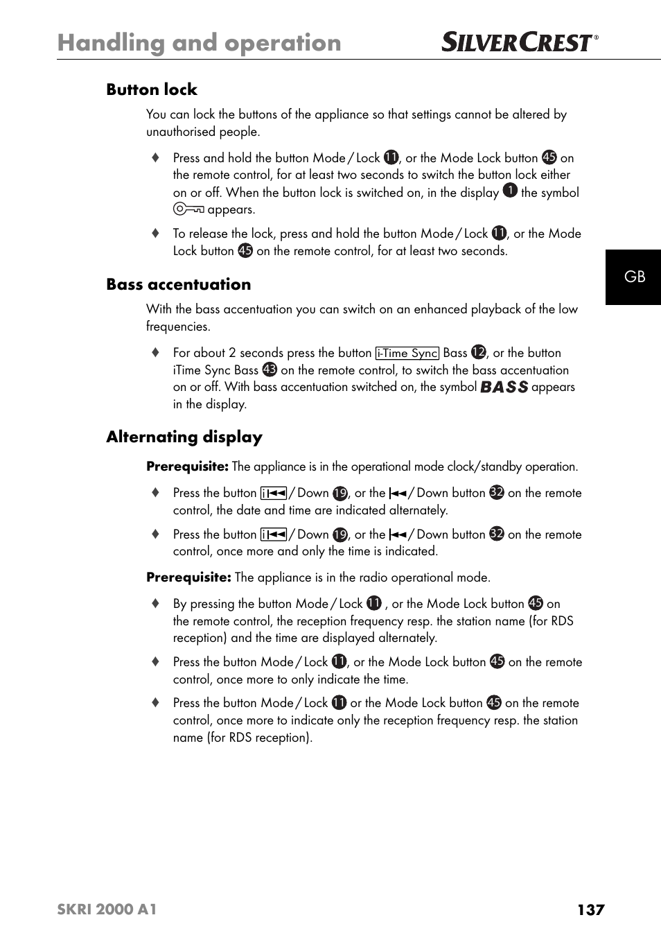 Handling and operation, Gb button lock, Bass accentuation | Alternating display | Silvercrest SKRI 2000 A1 User Manual | Page 140 / 147