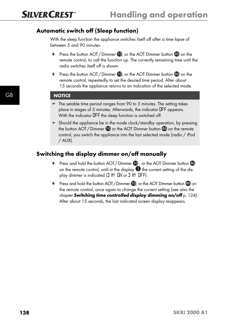 Handling and operation, Gb automatic switch oﬀ (sleep function), Switching the display dimmer on/oﬀ manually | Silvercrest SKRI 2000 A1 User Manual | Page 141 / 147