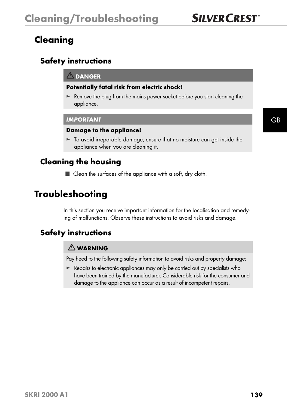 Cleaning/troubleshooting, Cleaning, Troubleshooting | Safety instructions, Cleaning the housing | Silvercrest SKRI 2000 A1 User Manual | Page 142 / 147