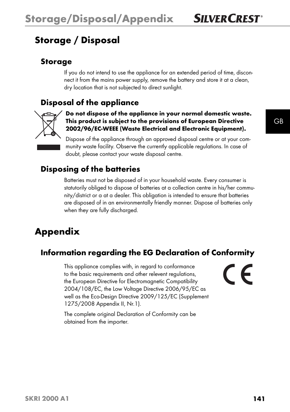 Storage/disposal/appendix, Storage / disposal, Appendix | Storage, Disposal of the appliance, Disposing of the batteries | Silvercrest SKRI 2000 A1 User Manual | Page 144 / 147