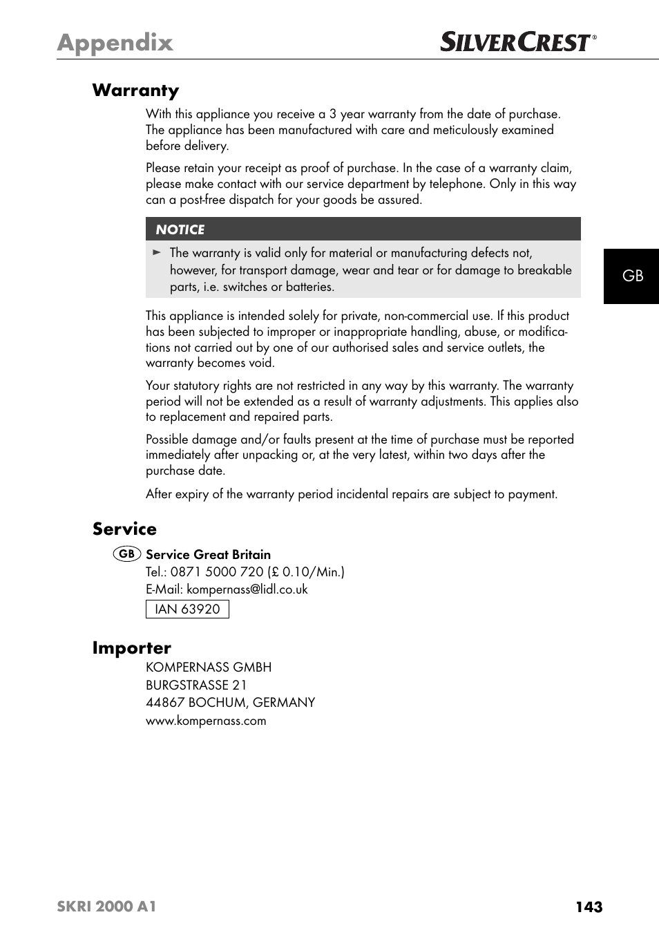 Appendix, Warranty, Service | Importer | Silvercrest SKRI 2000 A1 User Manual | Page 146 / 147