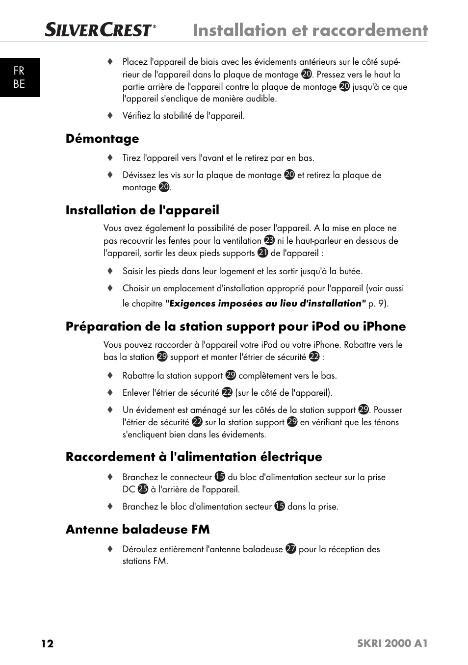 Installation et raccordement, Démontage, Installation de l'appareil | Raccordement à l'alimentation électrique, Antenne baladeuse fm, Fr be | Silvercrest SKRI 2000 A1 User Manual | Page 15 / 147