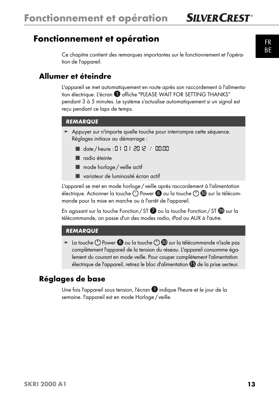 Fonctionnement et opération, Allumer et éteindre, Réglages de base | Fr be | Silvercrest SKRI 2000 A1 User Manual | Page 16 / 147