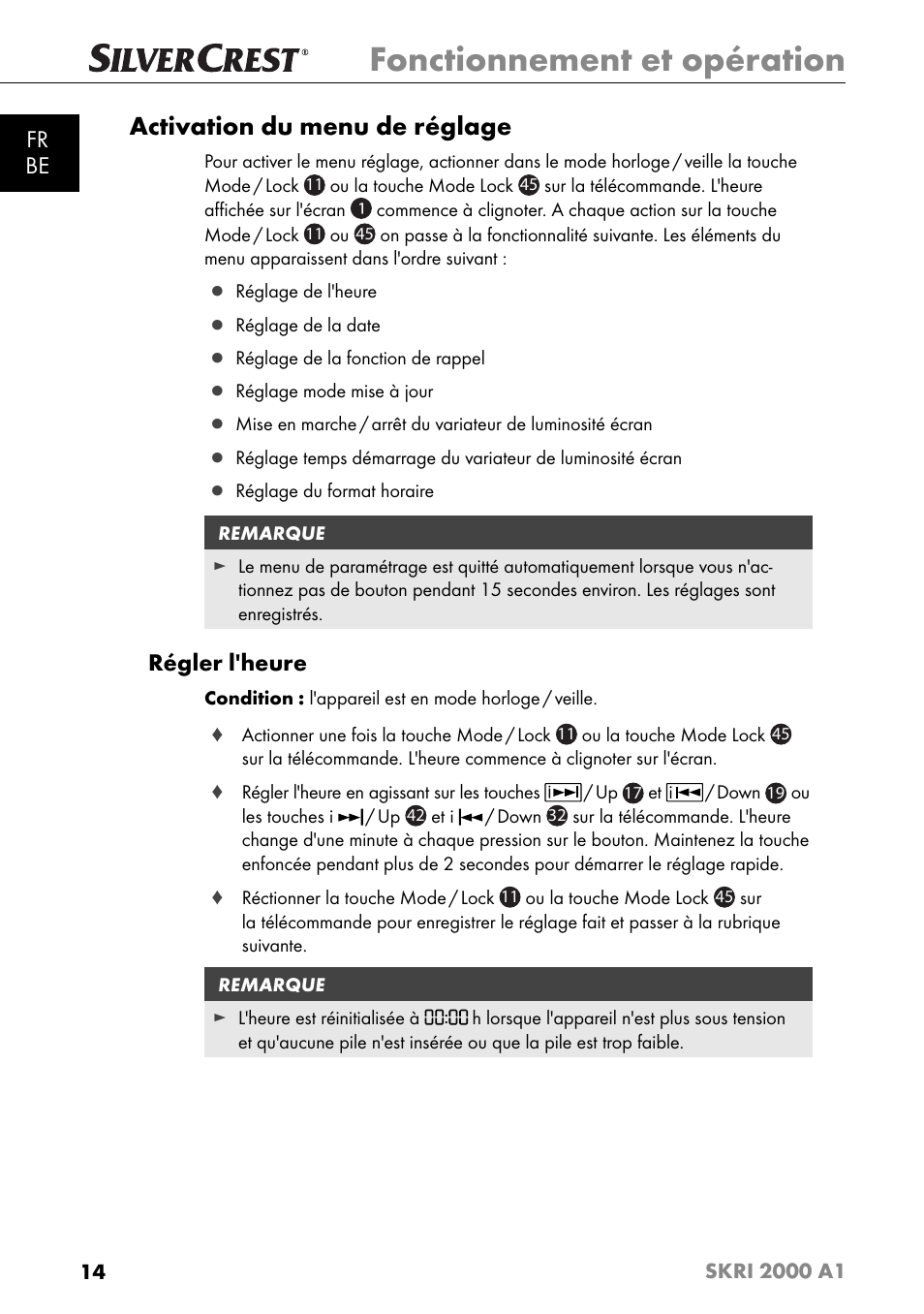 Fonctionnement et opération, Activation du menu de réglage, Fr be | Régler l'heure | Silvercrest SKRI 2000 A1 User Manual | Page 17 / 147