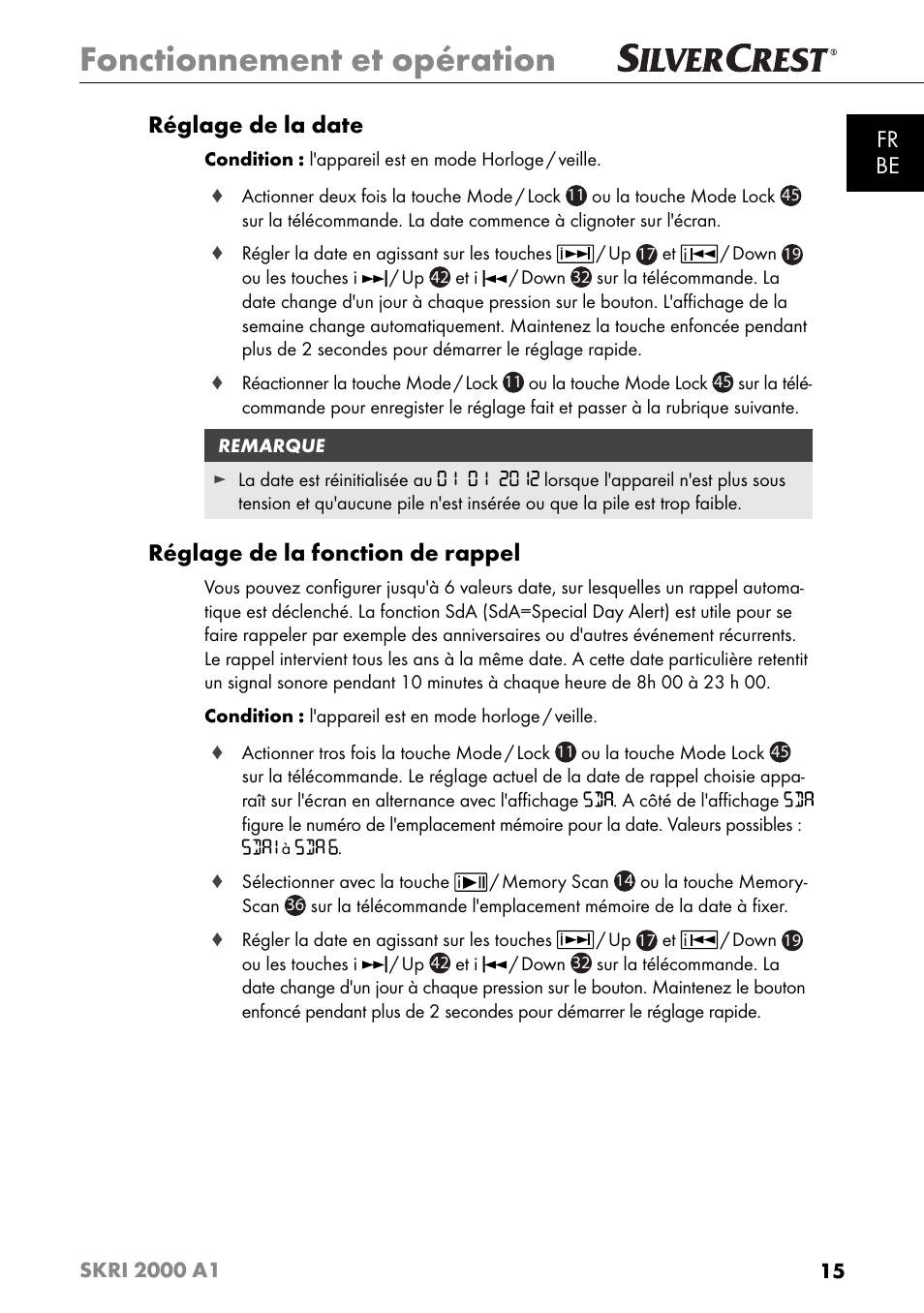 Fonctionnement et opération, Fr be réglage de la date, Réglage de la fonction de rappel | Silvercrest SKRI 2000 A1 User Manual | Page 18 / 147