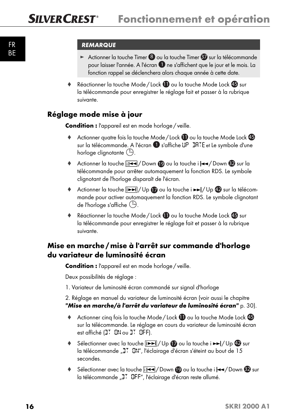 Fonctionnement et opération, Fr be, Réglage mode mise à jour | Silvercrest SKRI 2000 A1 User Manual | Page 19 / 147