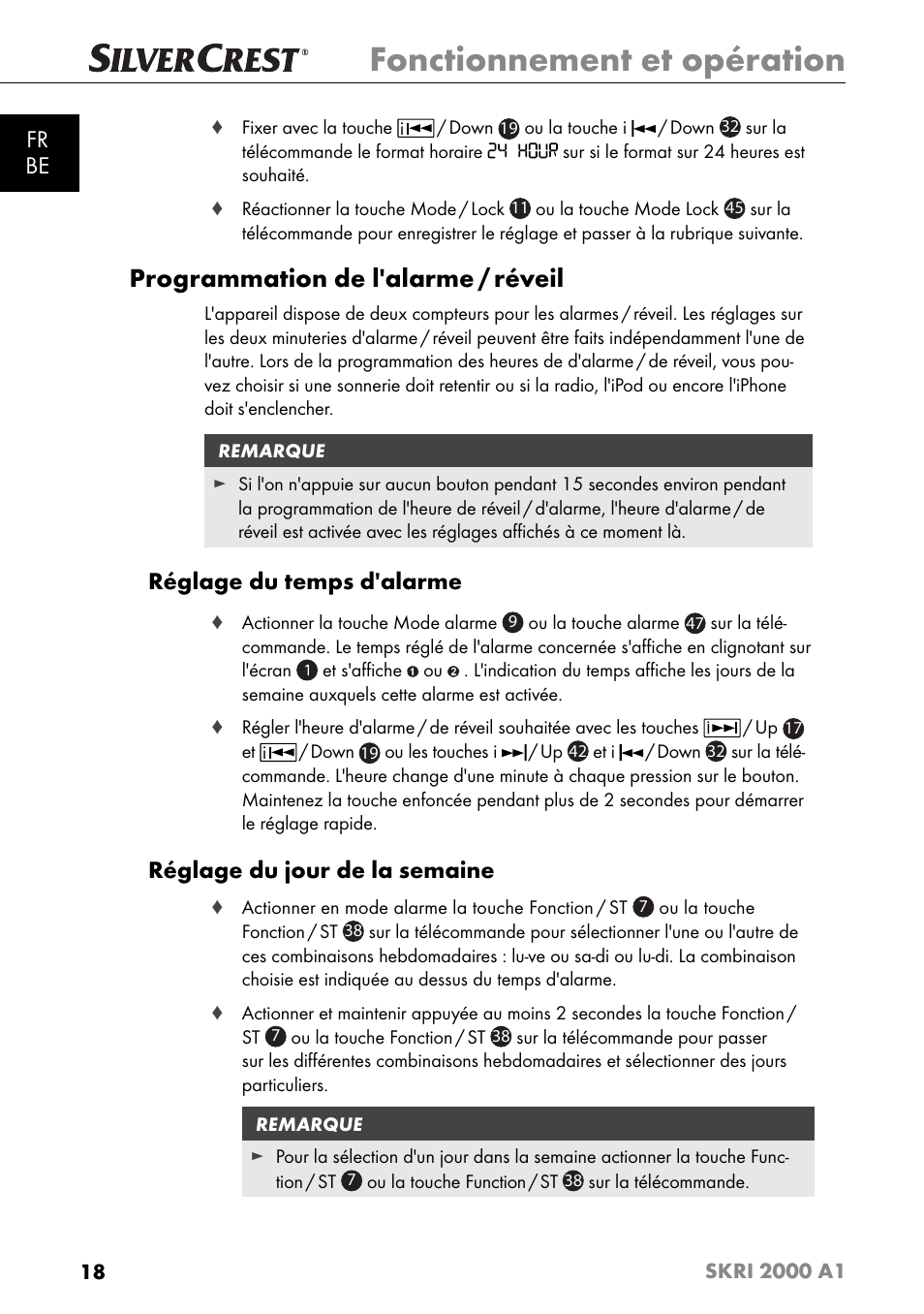 Fonctionnement et opération, Programmation de l'alarme / réveil, Fr be | Réglage du temps d'alarme, Réglage du jour de la semaine | Silvercrest SKRI 2000 A1 User Manual | Page 21 / 147