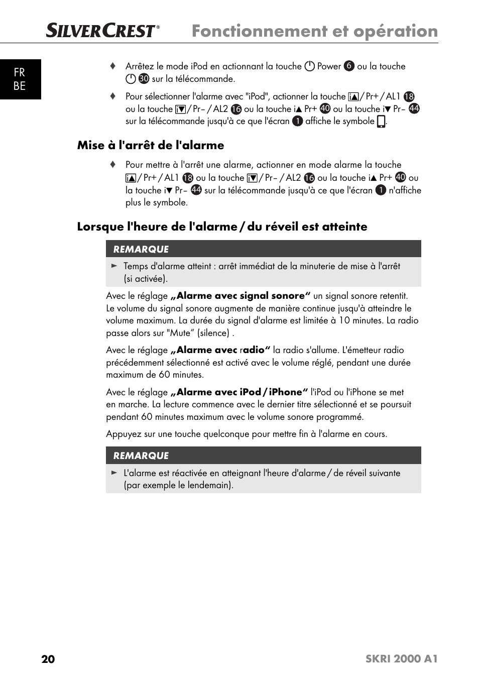 Fonctionnement et opération, Fr be, Mise à l'arrêt de l'alarme | Silvercrest SKRI 2000 A1 User Manual | Page 23 / 147