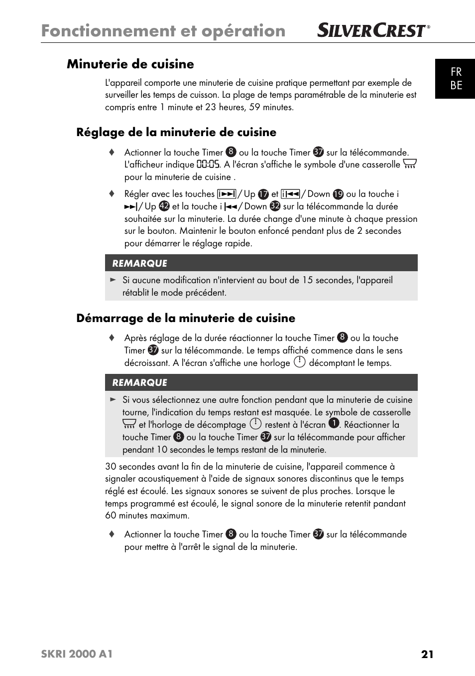 Fonctionnement et opération, Minuterie de cuisine, Fr be | Réglage de la minuterie de cuisine, Démarrage de la minuterie de cuisine | Silvercrest SKRI 2000 A1 User Manual | Page 24 / 147