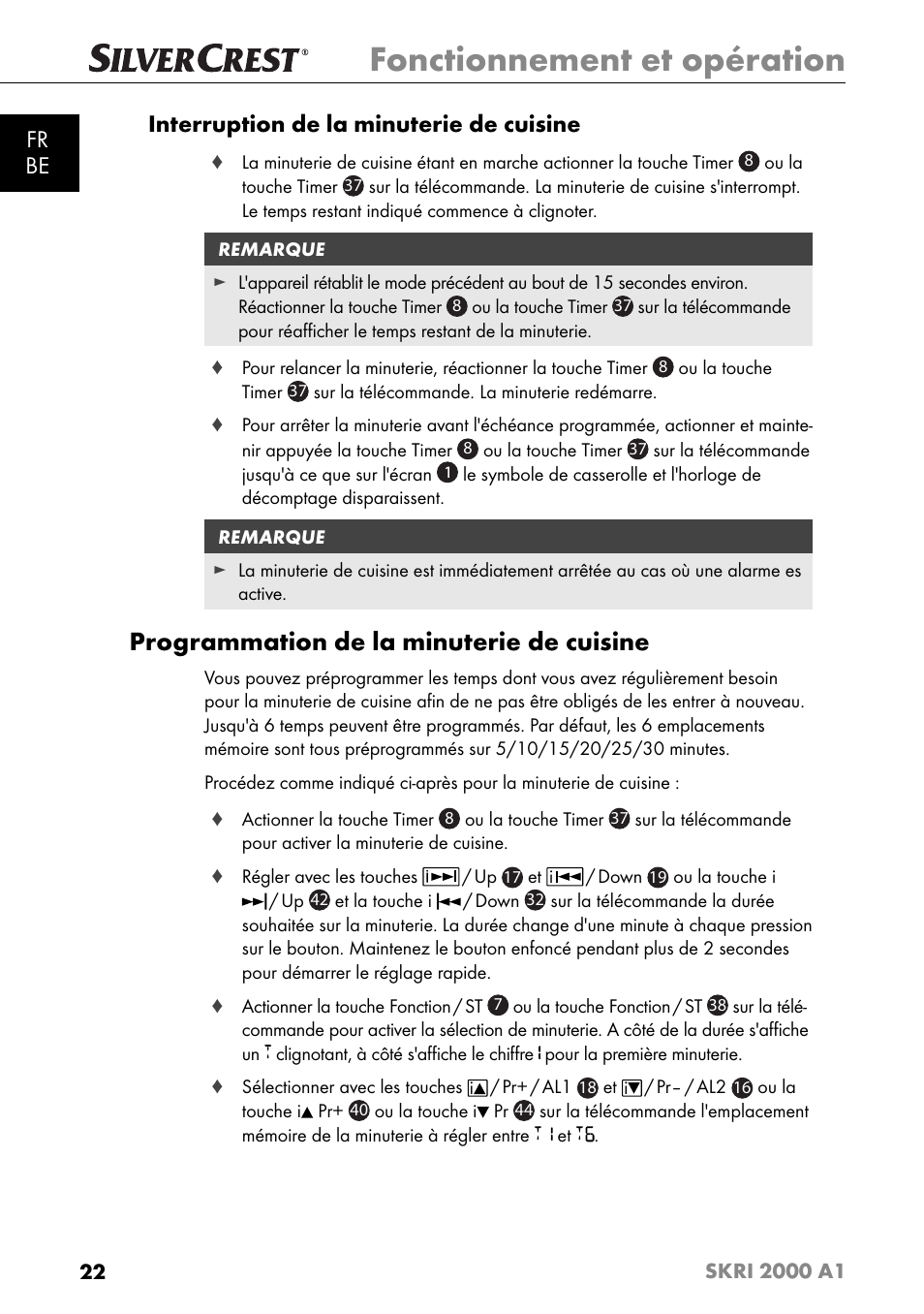 Fonctionnement et opération, Programmation de la minuterie de cuisine, Fr be interruption de la minuterie de cuisine | Silvercrest SKRI 2000 A1 User Manual | Page 25 / 147