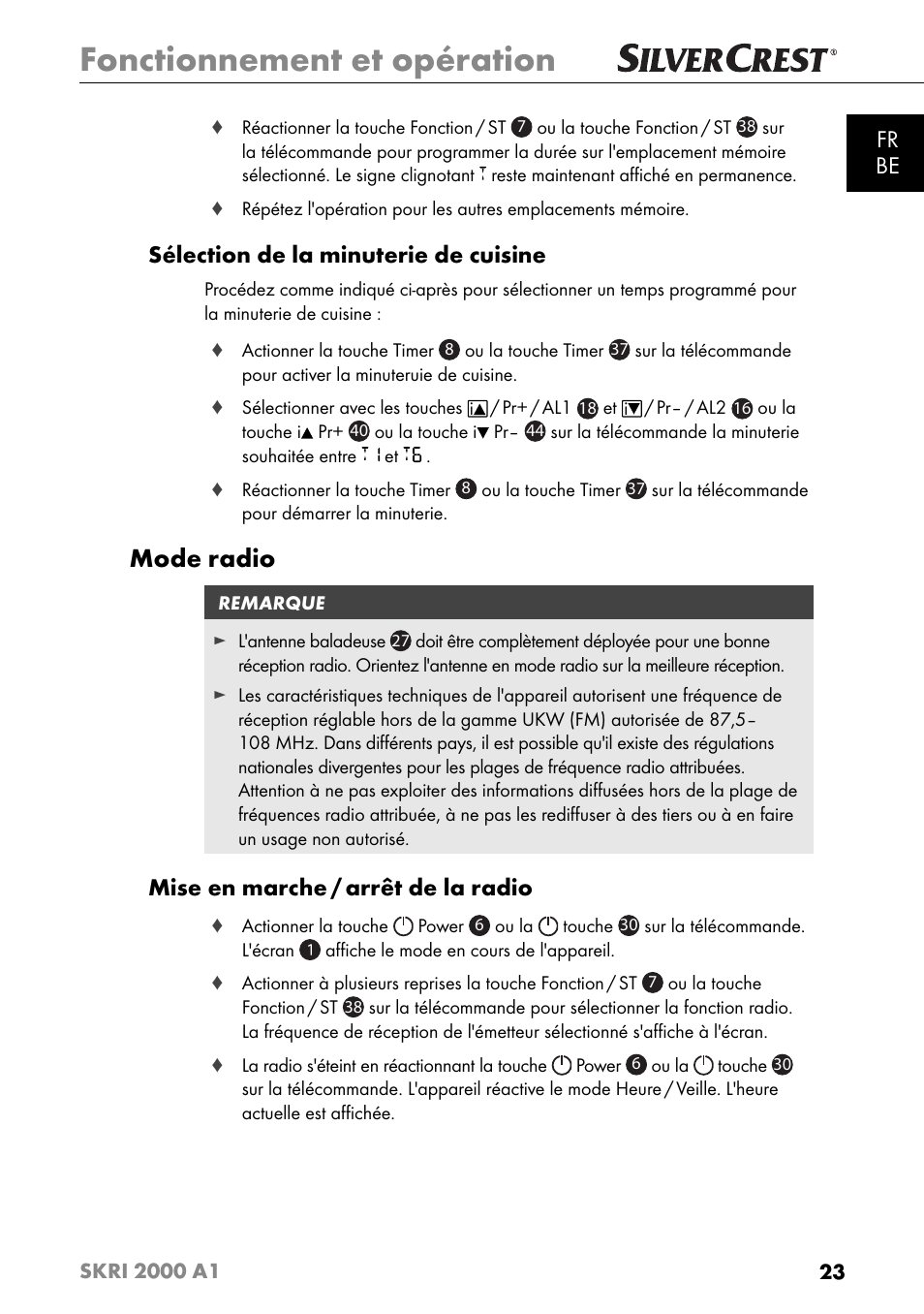 Fonctionnement et opération, Mode radio, Fr be | Sélection de la minuterie de cuisine, Mise en marche / arrêt de la radio | Silvercrest SKRI 2000 A1 User Manual | Page 26 / 147