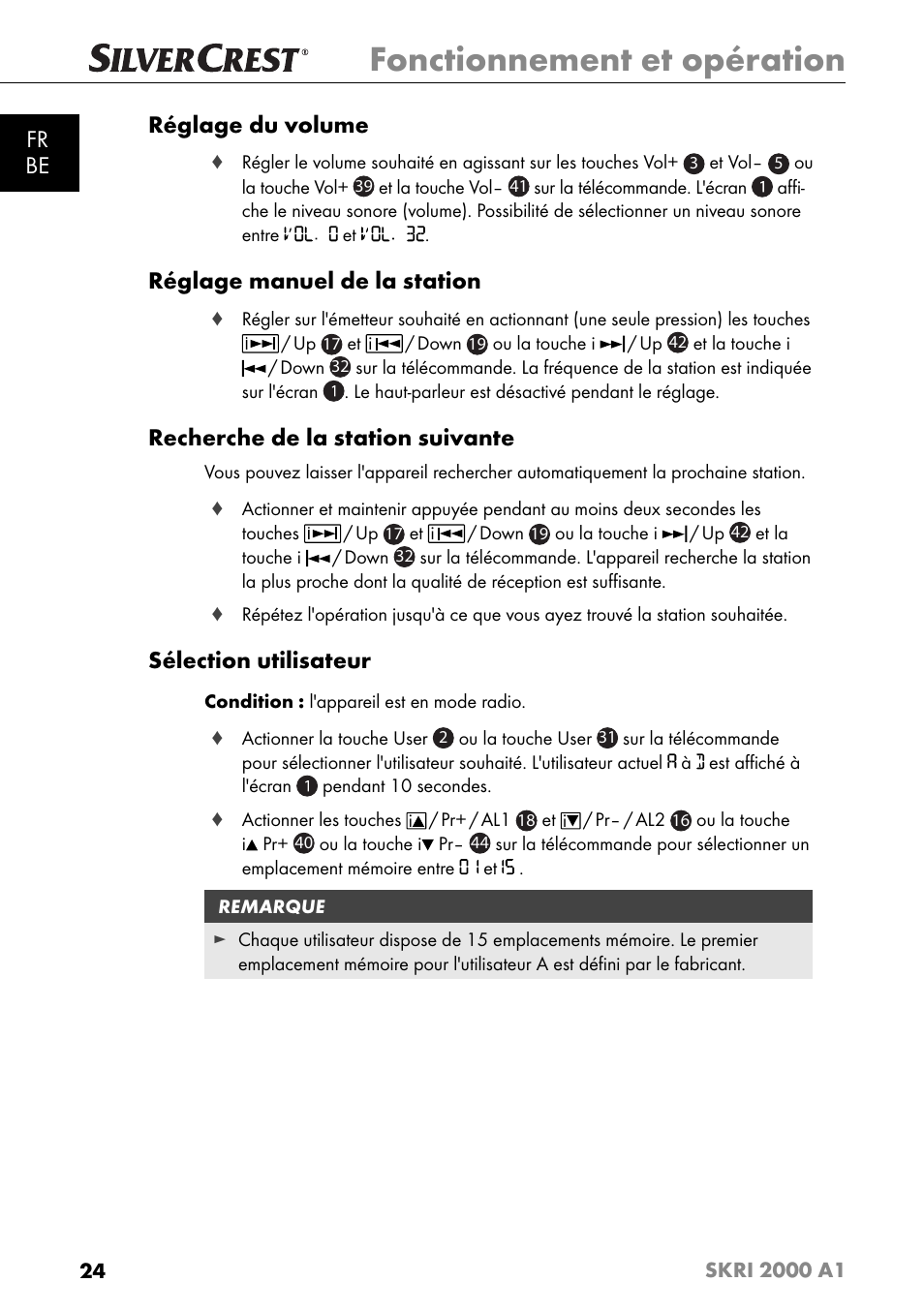 Fonctionnement et opération, Fr be réglage du volume, Réglage manuel de la station | Recherche de la station suivante, Sélection utilisateur | Silvercrest SKRI 2000 A1 User Manual | Page 27 / 147