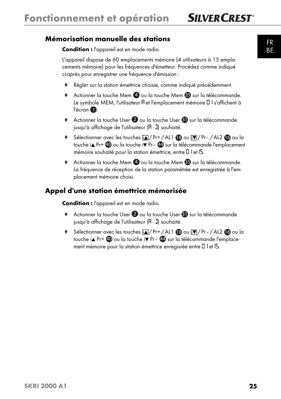 Fonctionnement et opération, Fr be mémorisation manuelle des stations, Appel d'une station émettrice mémorisée | Silvercrest SKRI 2000 A1 User Manual | Page 28 / 147