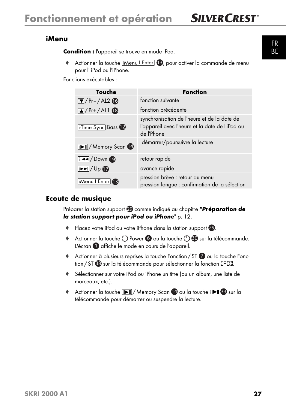 Fonctionnement et opération, Fr be imenu, Ecoute de musique | Silvercrest SKRI 2000 A1 User Manual | Page 30 / 147