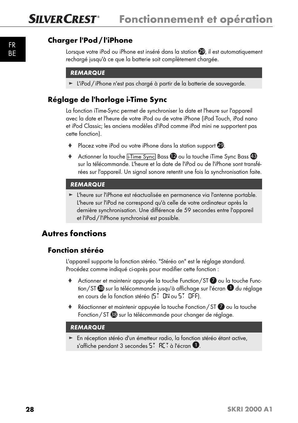 Fonctionnement et opération, Autres fonctions, Fr be charger l'pod / l'iphone | Réglage de l'horloge i-time sync, Fonction stéréo | Silvercrest SKRI 2000 A1 User Manual | Page 31 / 147