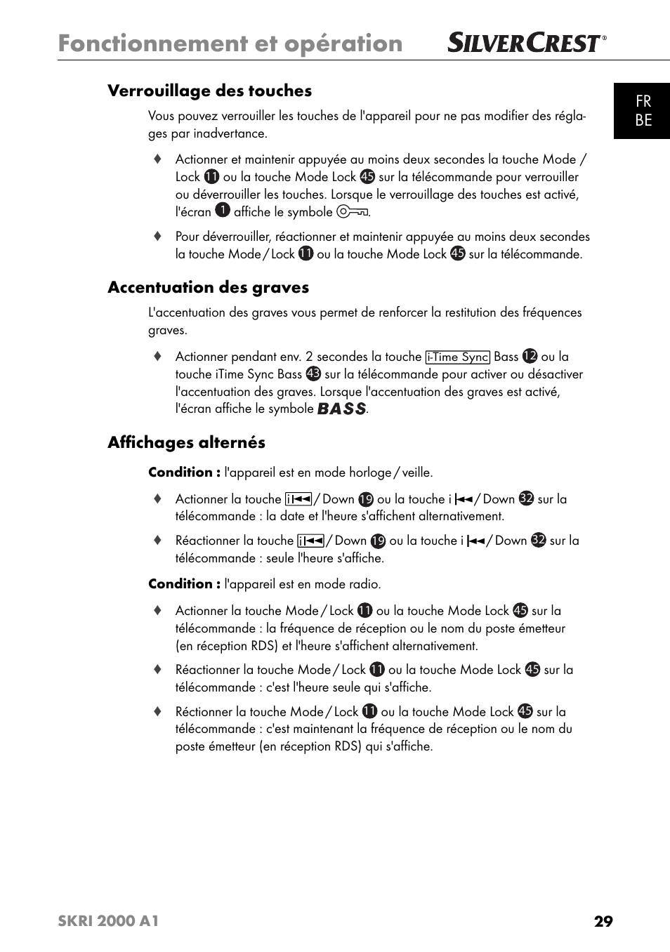 Fonctionnement et opération, Fr be verrouillage des touches, Accentuation des graves | Aﬃ chages alternés | Silvercrest SKRI 2000 A1 User Manual | Page 32 / 147