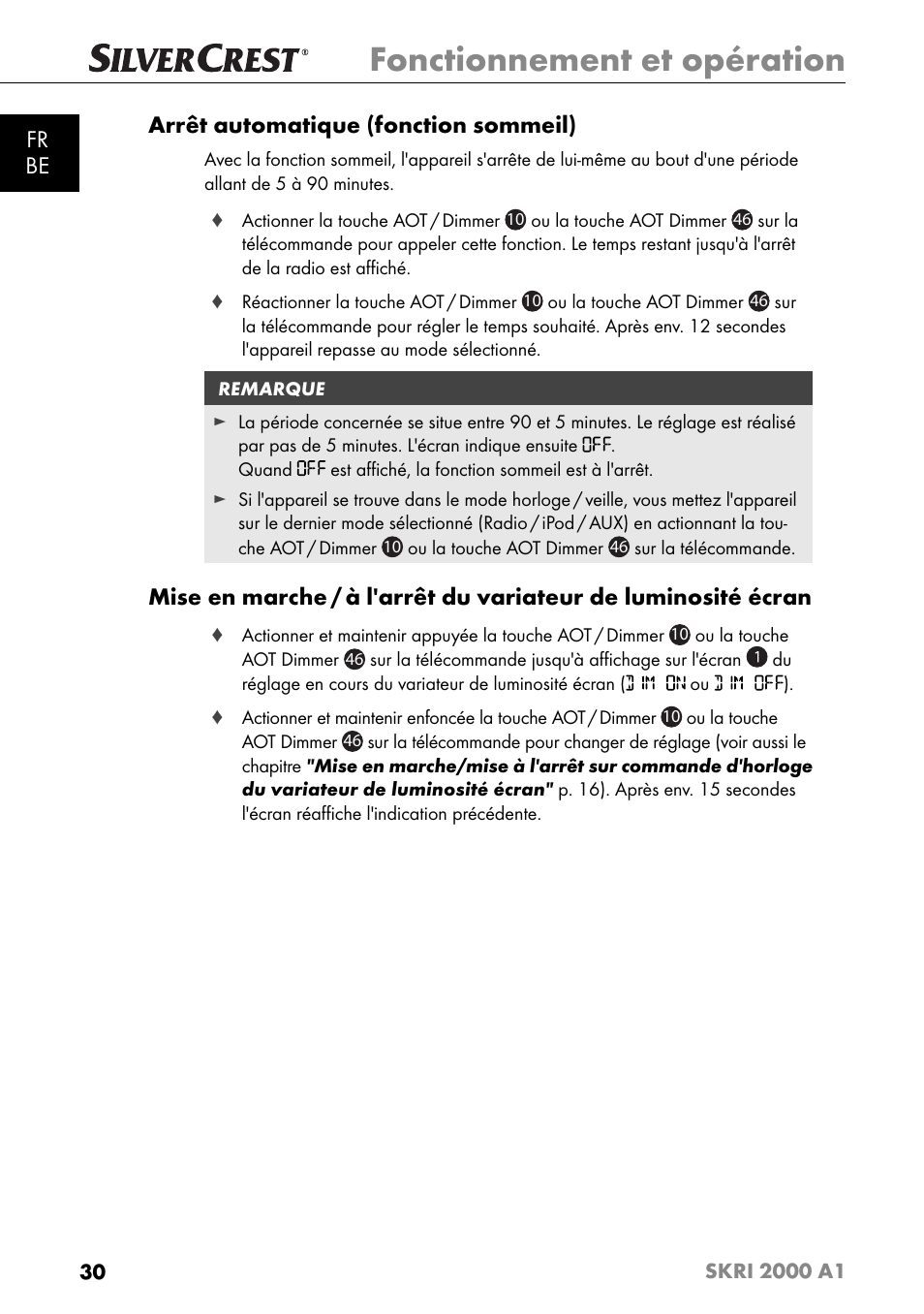 Fonctionnement et opération, Fr be arrêt automatique (fonction sommeil) | Silvercrest SKRI 2000 A1 User Manual | Page 33 / 147