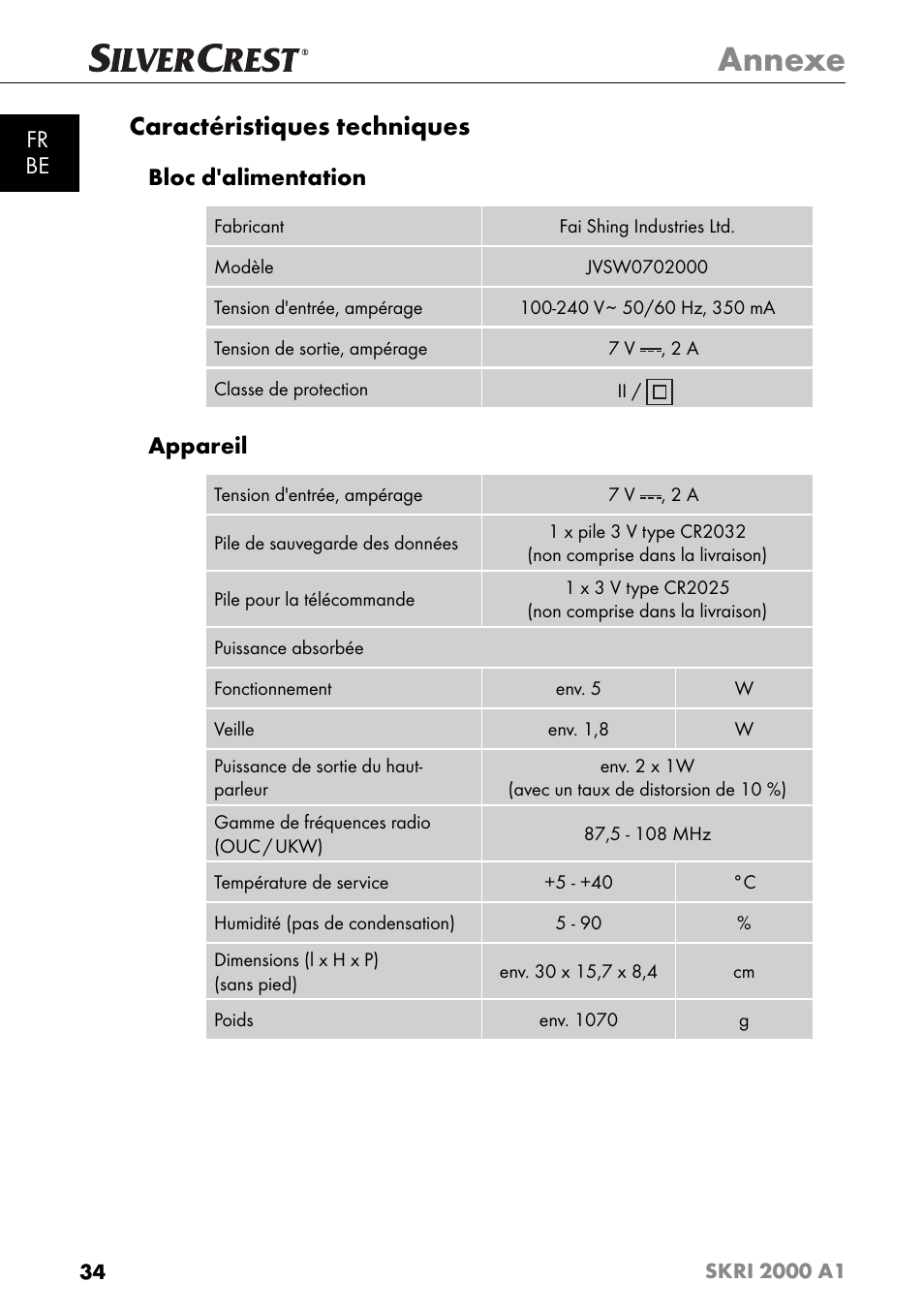 Annexe, Caractéristiques techniques, Fr be | Bloc d'alimentation, Appareil | Silvercrest SKRI 2000 A1 User Manual | Page 37 / 147