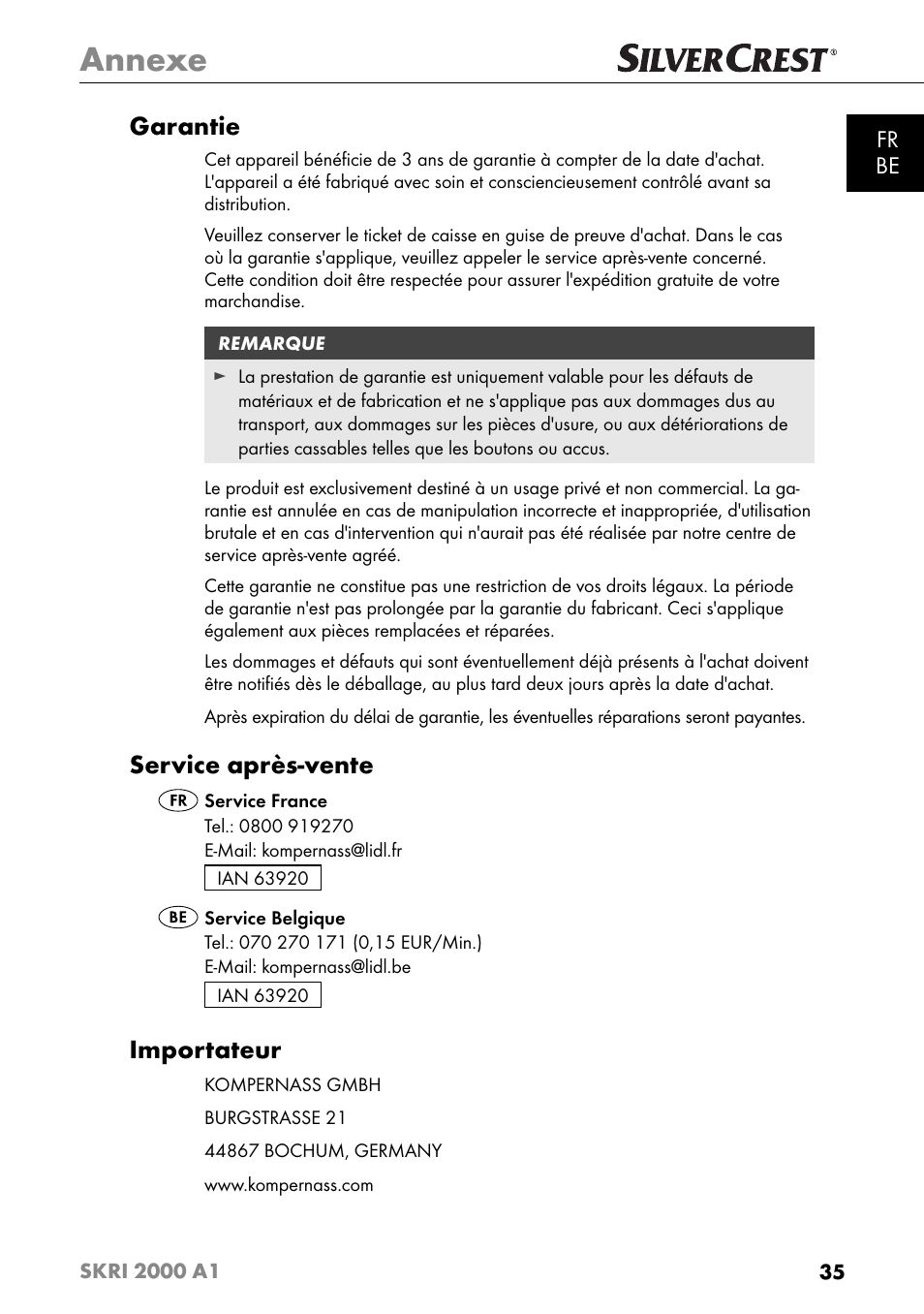Annexe, Garantie, Service après-vente | Importateur, Fr be | Silvercrest SKRI 2000 A1 User Manual | Page 38 / 147