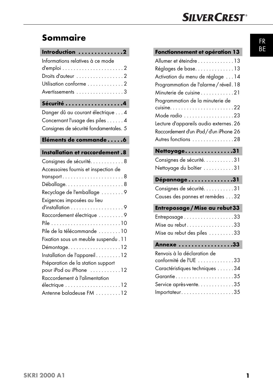 Sommaire, Fr be | Silvercrest SKRI 2000 A1 User Manual | Page 4 / 147