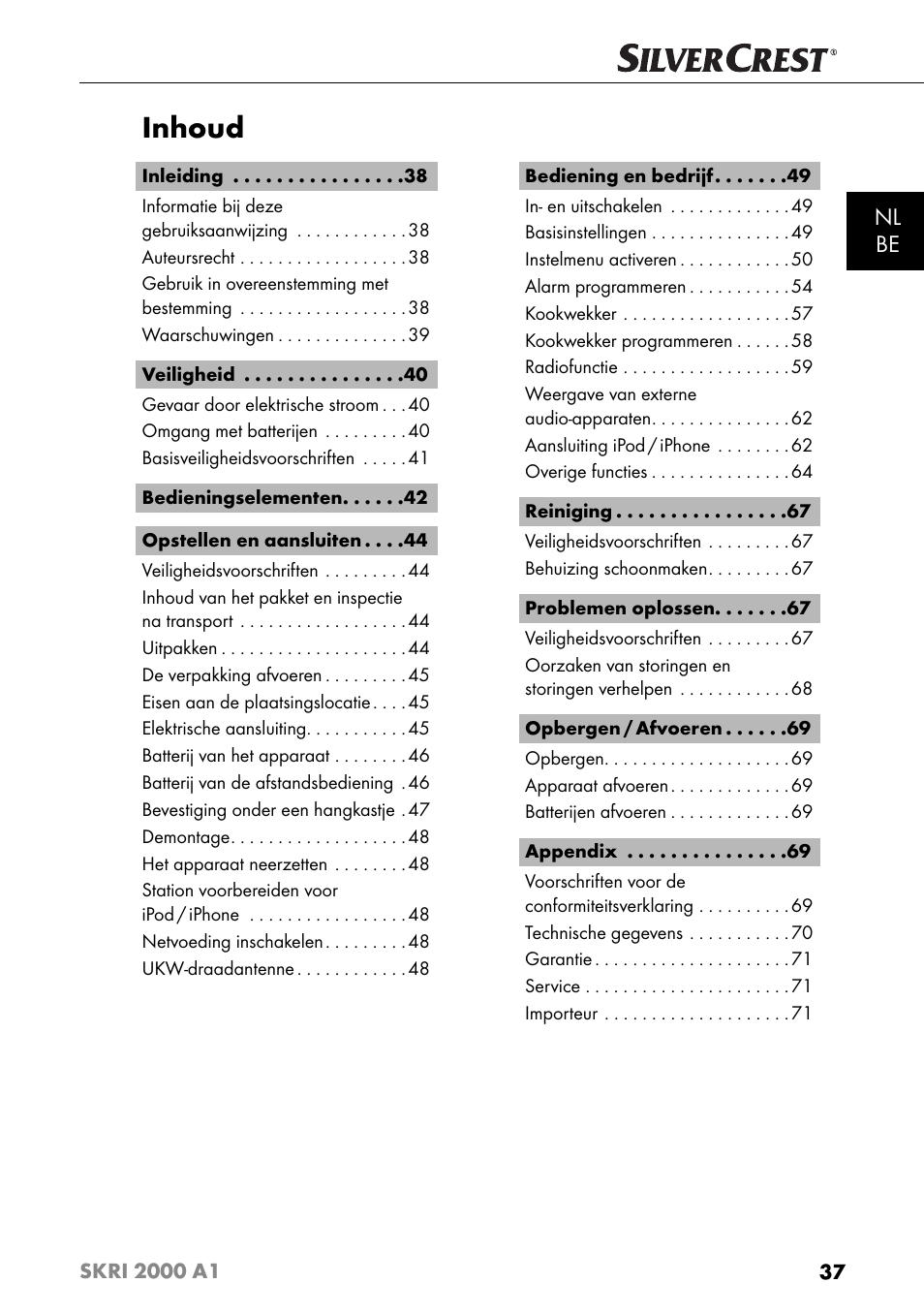 Inhoud, Nl be | Silvercrest SKRI 2000 A1 User Manual | Page 40 / 147