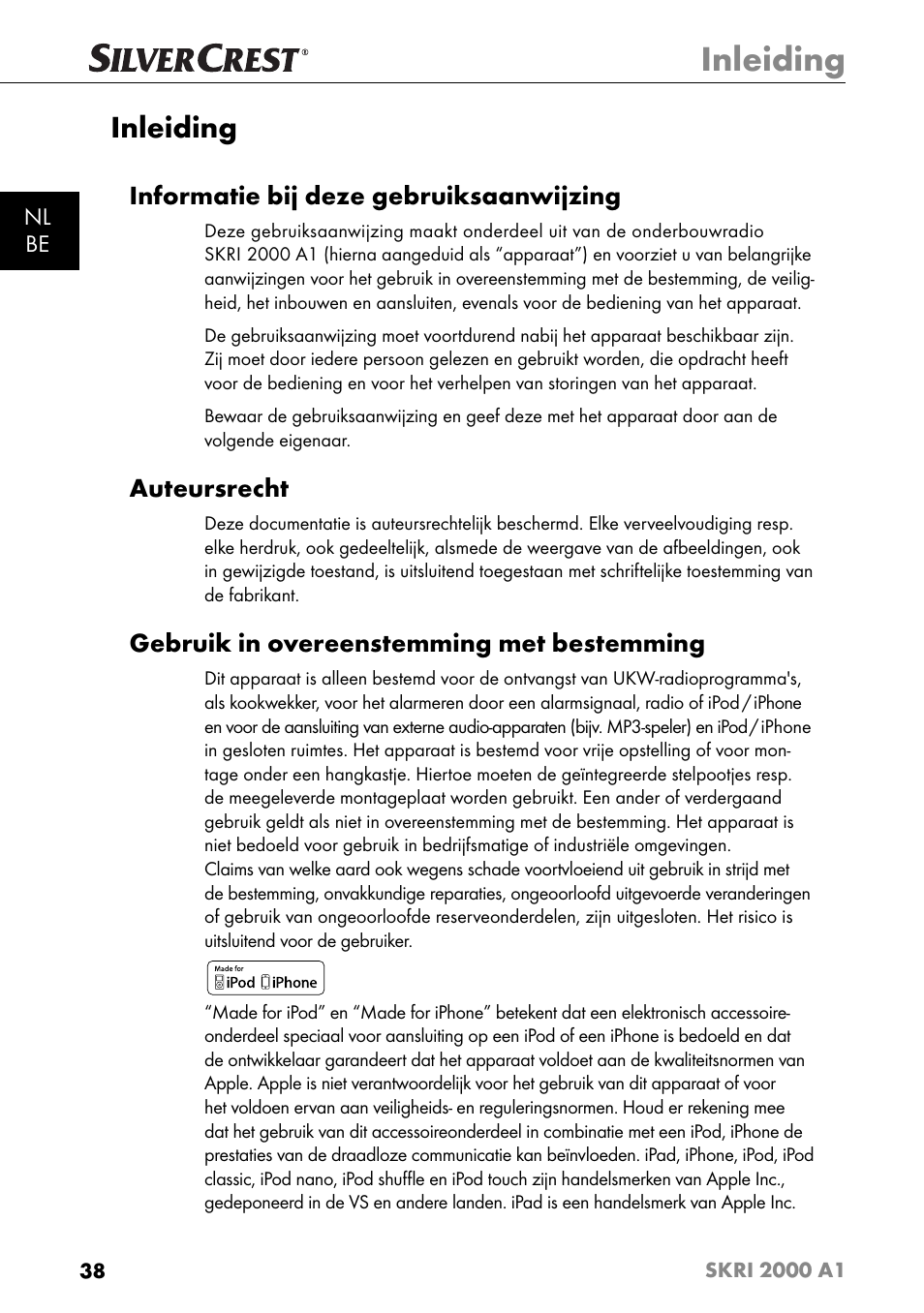 Inleiding, Informatie bij deze gebruiksaanwijzing, Auteursrecht | Gebruik in overeenstemming met bestemming | Silvercrest SKRI 2000 A1 User Manual | Page 41 / 147