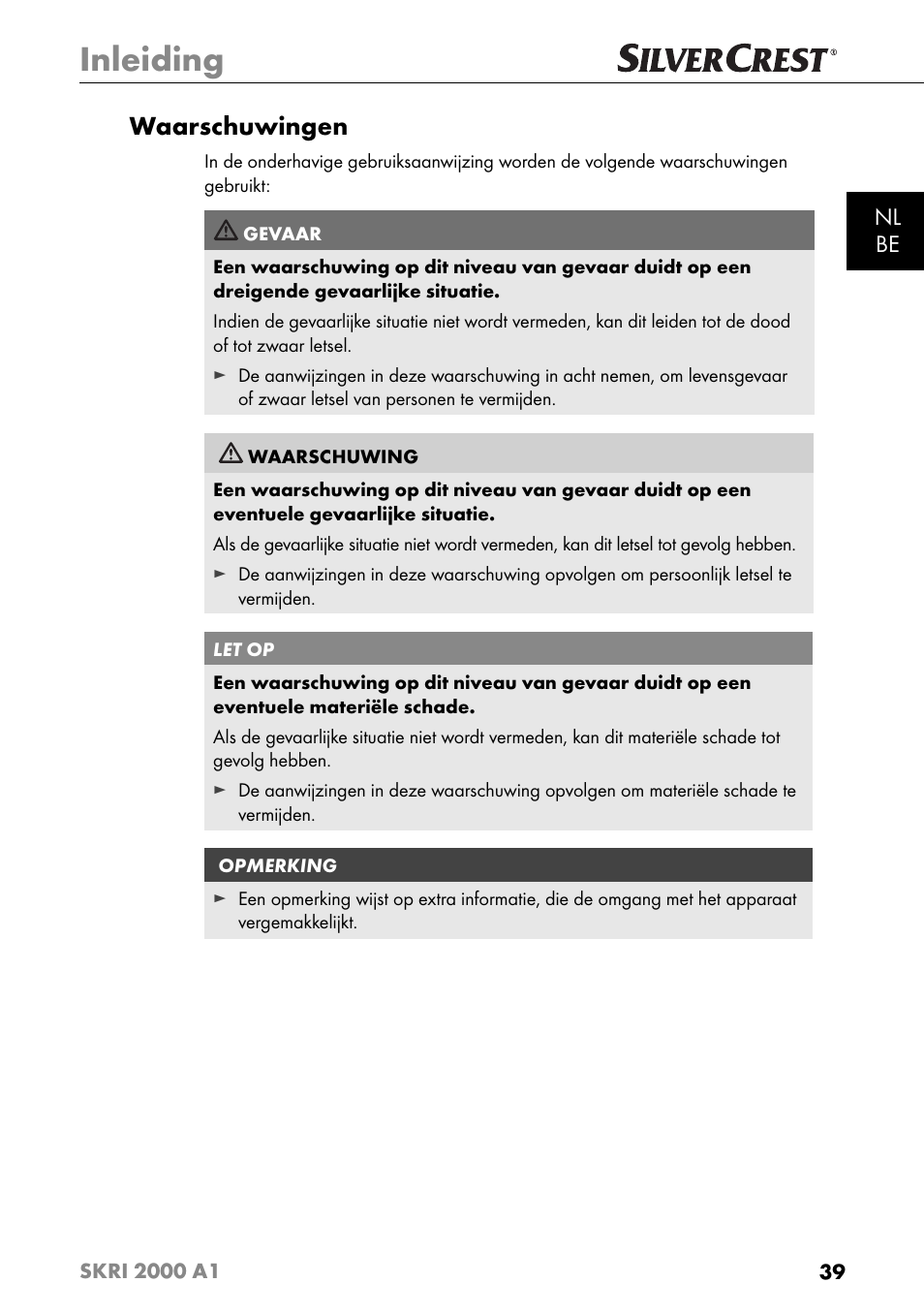 Inleiding, Waarschuwingen, Nl be | Silvercrest SKRI 2000 A1 User Manual | Page 42 / 147