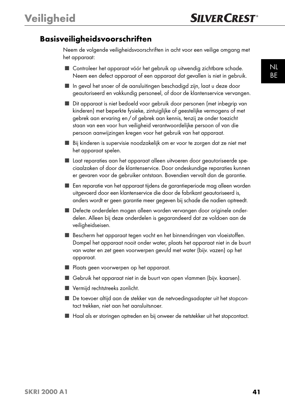 Veiligheid, Basisveiligheidsvoorschriften, Nl be | Silvercrest SKRI 2000 A1 User Manual | Page 44 / 147