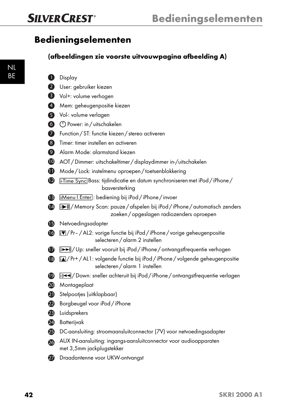 Bedieningselementen, Nl be | Silvercrest SKRI 2000 A1 User Manual | Page 45 / 147