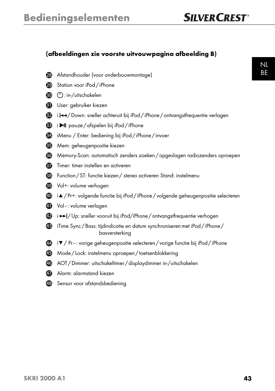 Bedieningselementen, Nl be | Silvercrest SKRI 2000 A1 User Manual | Page 46 / 147